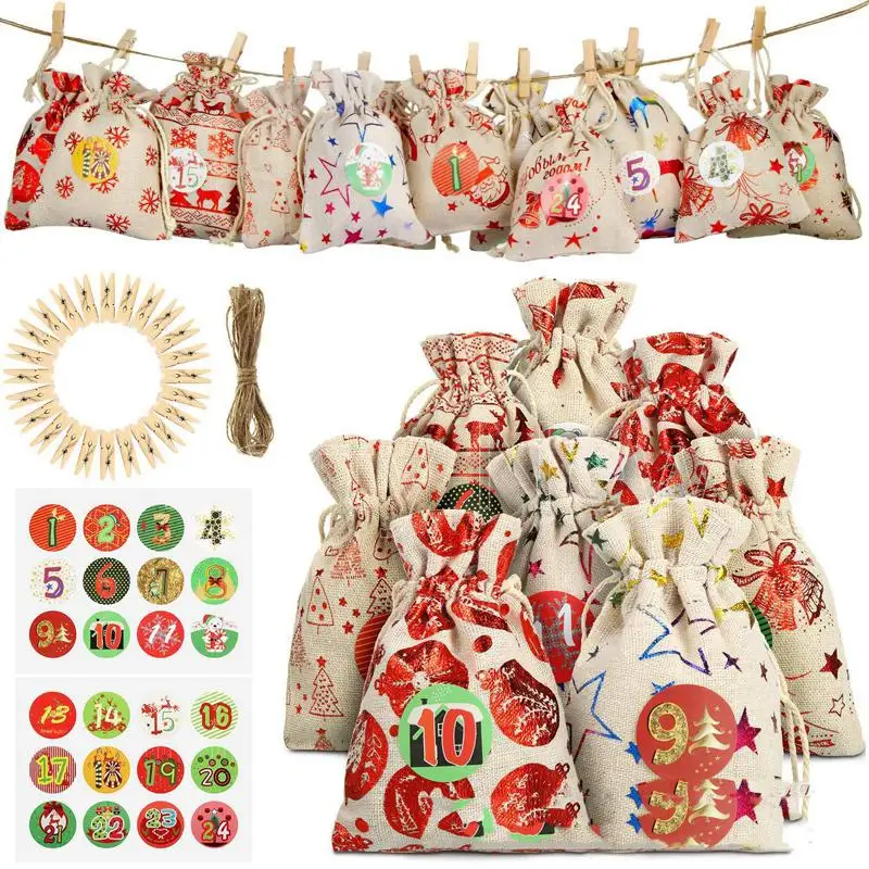 

50Pcs Christmas Gift Bag Linen Drawstring Pocket Bronzing Halloween Bundle Digital Calendar Sticker Candy Bag Clip Rope Set