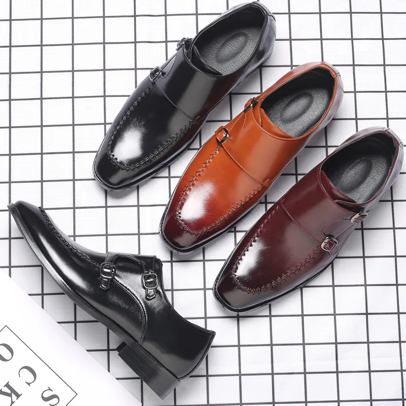 

New Men's Shoes Fashion Casual Business All-match Classic Solid Color PU Double Buckle Stitching Comfortable Monk Shoes 3KC375