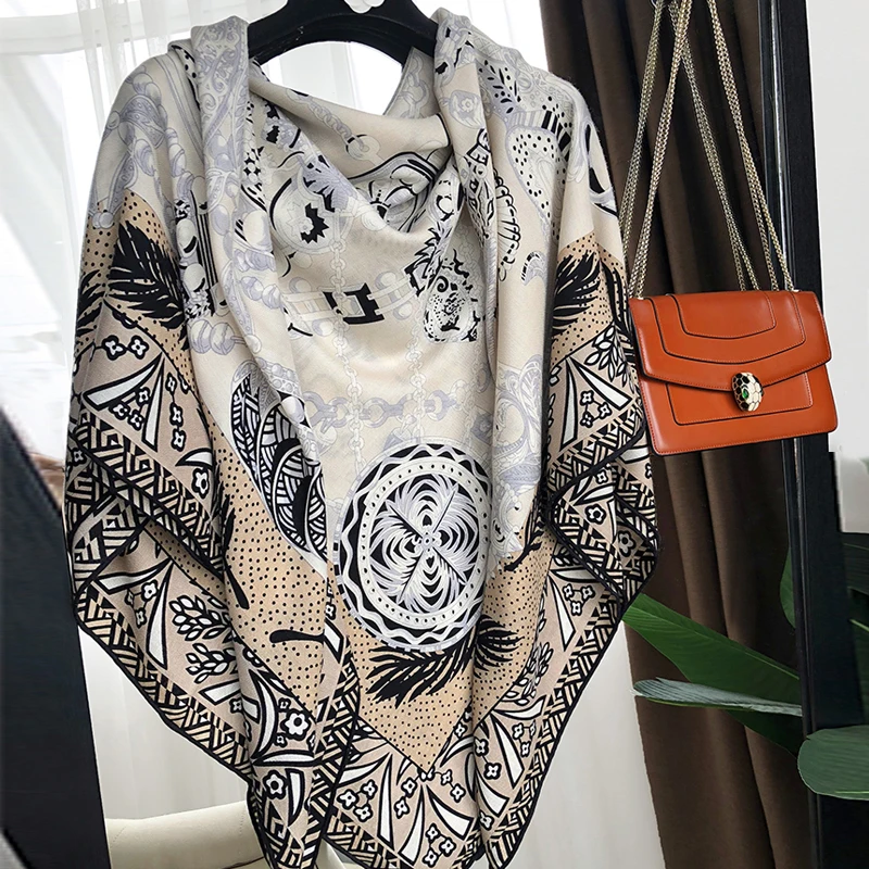 

Stitching Horse Sutumn and Winter Silk Wool Scarf and Shawls for Women 135cm Big Square Silk Scarf Female Dual-use Wraps Wool
