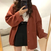cardigan women full sleeve v neck solid button oversize retro lazy students korean style fashion all match simple sweater female