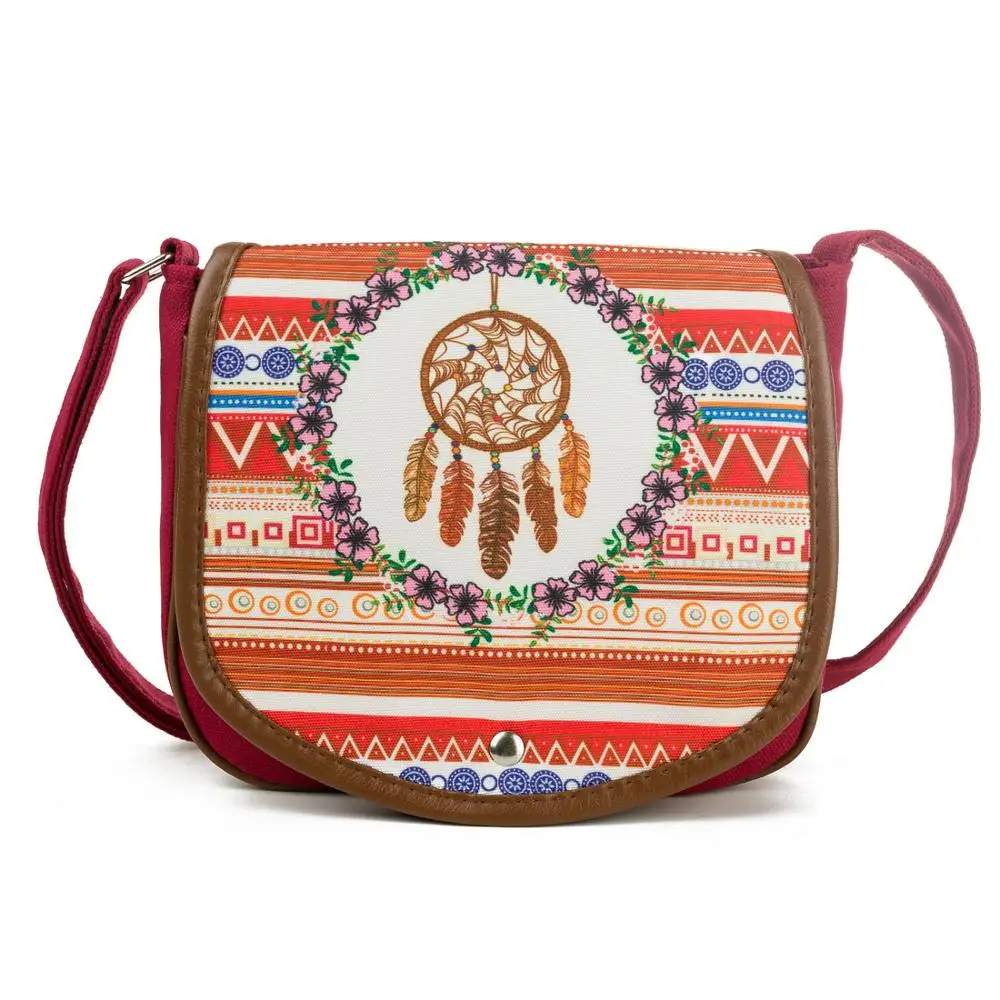 

Miyahouse small retro messenger bag ladies canvas stripe printed saddle shoulder bag bohemian feather print Messenger bag female
