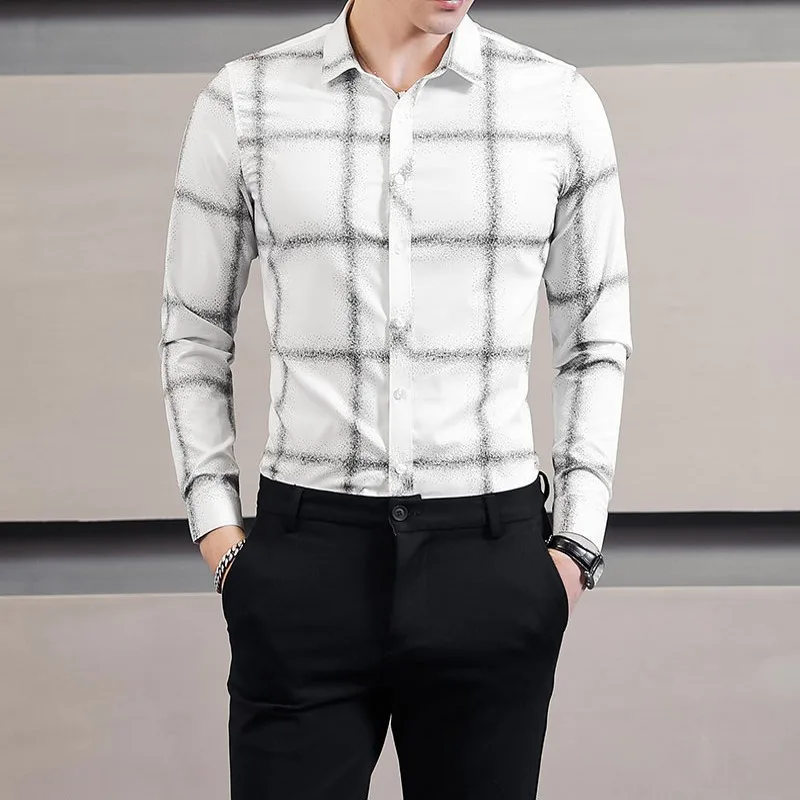 Мужская приталенная рубашка в клетку Повседневная деловая с длинным рукавом