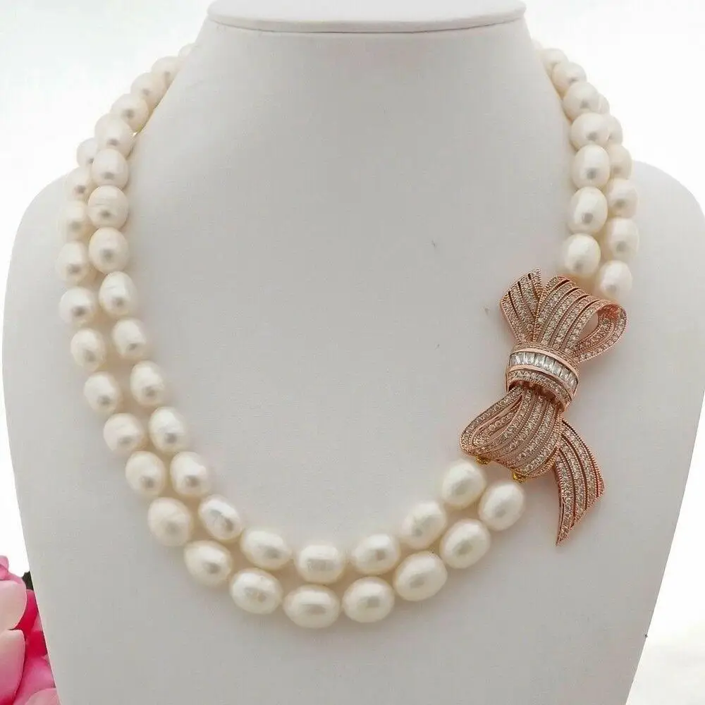 

19"-21" 2 Strands White Rice freshwater Pearl bowknot connector choker necklace for women