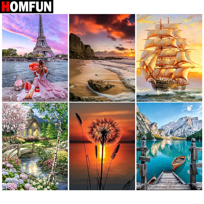 

HOMFUN Diy 5d Diamond Painting "Sunset boat scenery" Cross Stitch Square Round Diamond Embroidery Handwork Rhinestone Art