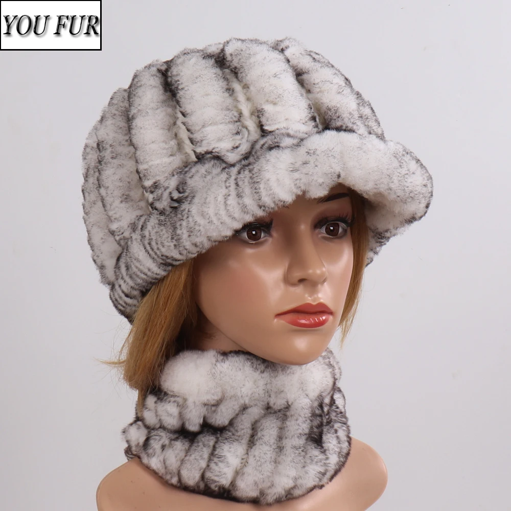 

Hot Sell Girl Real Rex Rabbit Fur Scarves Hats Sets Women Winter Real Fur Scarf Hat Set Good Elastic Natural Fur Hat Neckerchief