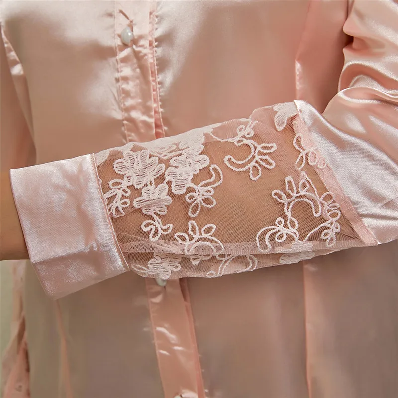 

Mesh Embroidery Insert Button Up Blouse Long Sleeve Women Tops Chiffon Blouse Lace