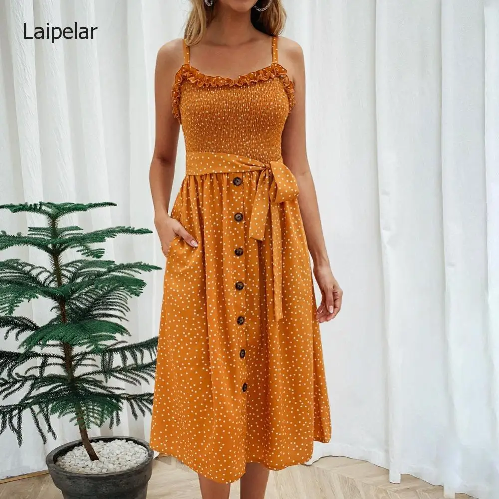 

Sexy Summer Sleeveless slip Dress Women Strapless Bow Button loose bandage Pleated polka dot sundress casual Backless