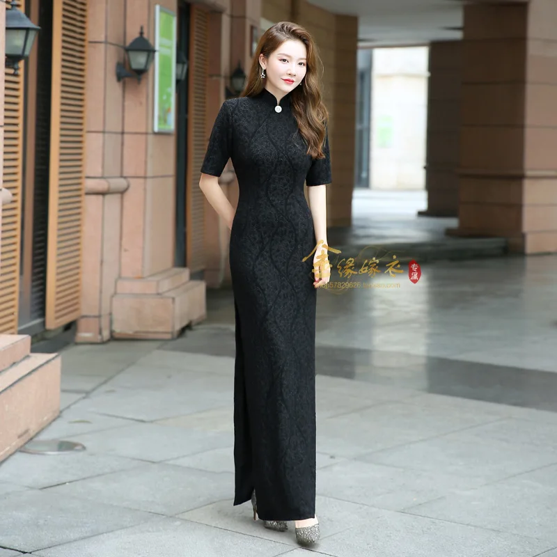 

Chinese Style Women Autumn Winter New Cheongsam Skirt Retro Stand Collar Qipao Slim Sweet Embroidery Flower Evening Dresses