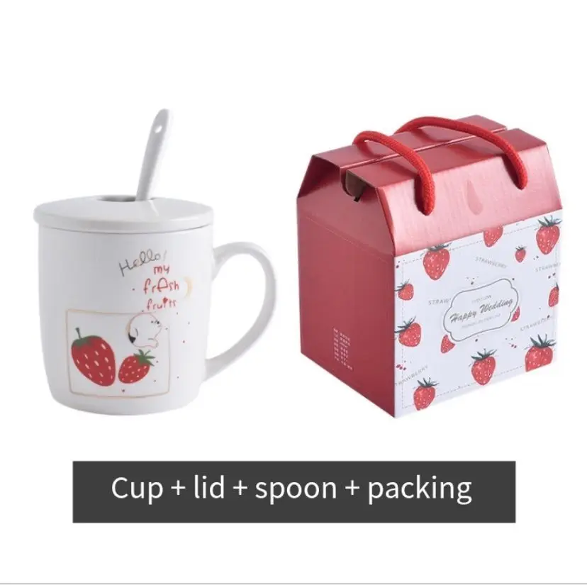 

Creative ceramic cup cartoon strawberry coffee mug with lid and spoon milk mug breakfast cup kawaii cup ceramic mug