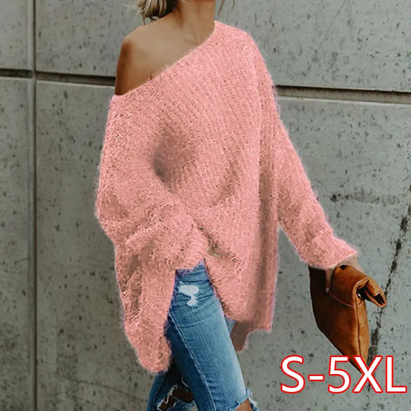 

Womens Off Shoulder Knitted Pullover Autumn long Sleeve Knitted Sweaters 2021 Winter Tops For Women Pullovers Jumper Pull Femme
