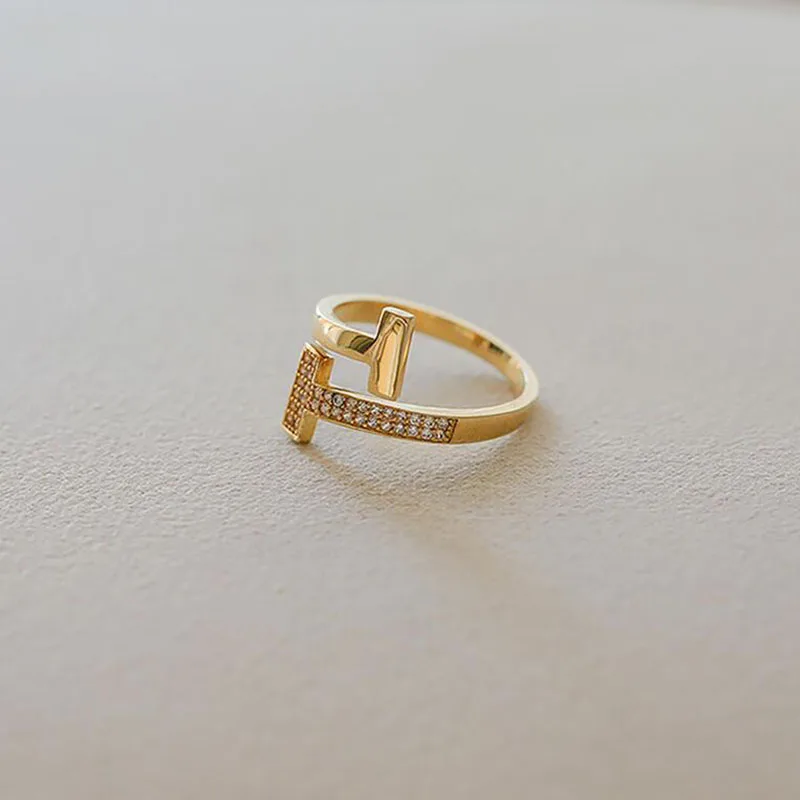 

Coconal Luxury Classic Simple Letter T Zircon Open Adjustable Ring For Women Men Unusual Party Jewelry Accessories Gift