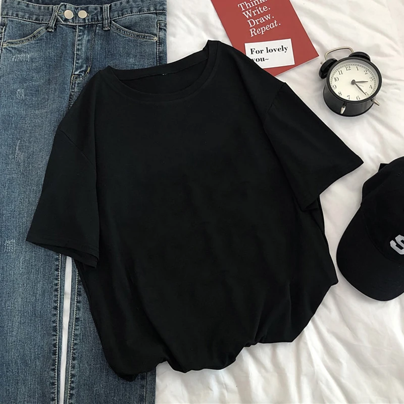 Футболка женская ярко-желтая в стиле Харадзюку однотонная черная на вкус лета 2020