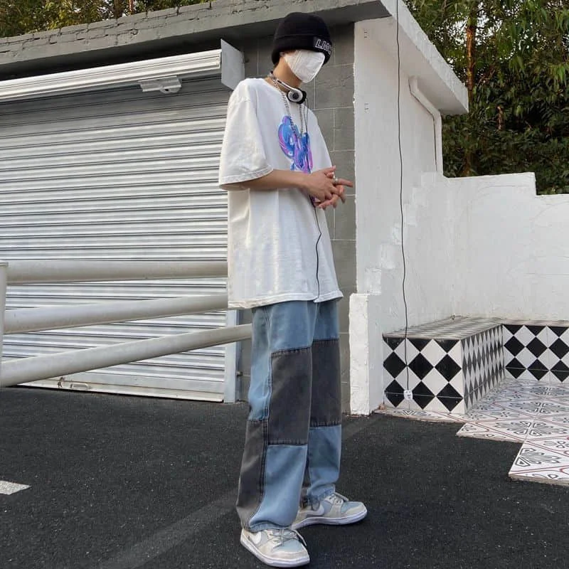 

Wide-leg pants men and women Korean ins street hip-hop contrast stitching jeans high waist straight trousers loose pants