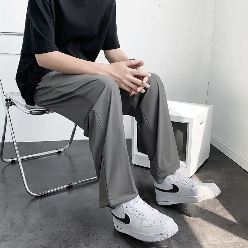 

Thin Casual Pants Men's Fashion Gray Black White Wide-leg Pants Men Streetwear Loose Breathable Ice Silk Pants Mens Trousers