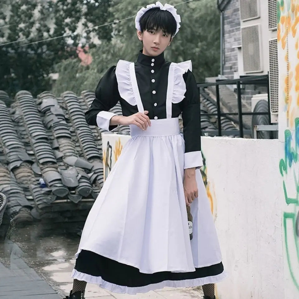 Men's Women's Maid Dress Anime Cosplay French Restaurant Long Style Costume Apron Dresses Black White Ouji Skirt | Тематическая