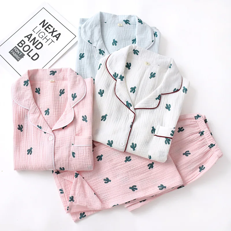 Осенняя женская пижама из крепа и хлопка с принтом кактуса брюки длинным рукавом