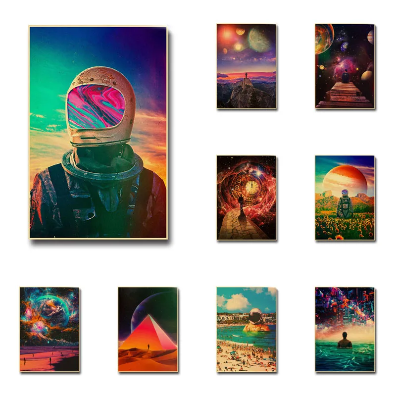 

Astronaut Space Dreaming Printed Painting Pictures Vintage Kraft Paper Poster Wall Stickers Home Room Decor Painting