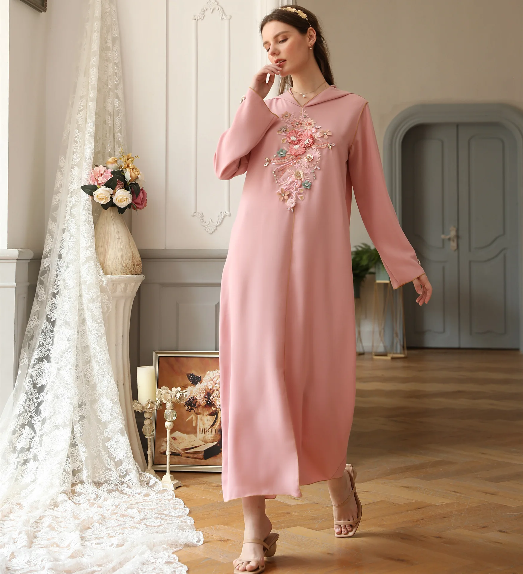 Женское мусульманское платье WEPBEL розовое Повседневное с капюшоном и цветами
