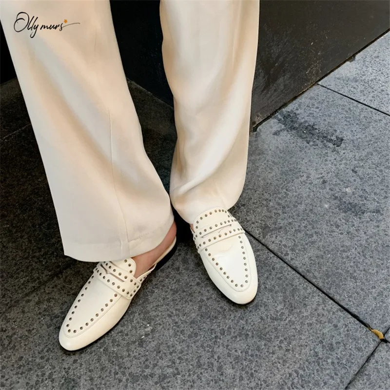 

OllyMurs Fashion Real Leather Woman Summer Slippers Round Toe Black White Thick Low Heel Women Shoes Slippers Casual Shoes Woman