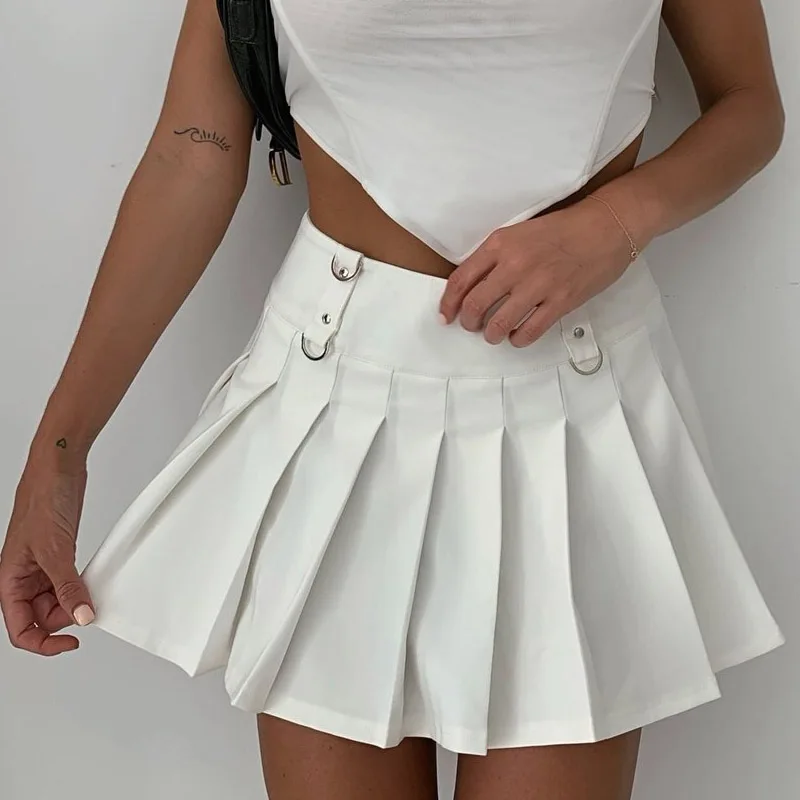 

Spring Summer Sexy Women Mini Skirts Fashion Punk Style Buckle Pleated Skirts 2021 Elegant Ladies Solid Short Skirt Streetwear