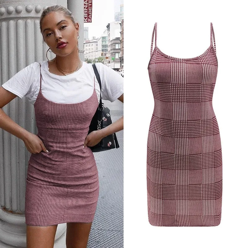 Летнее пляжное клетчатое женское платье на бретельках 2019 сексуальное
