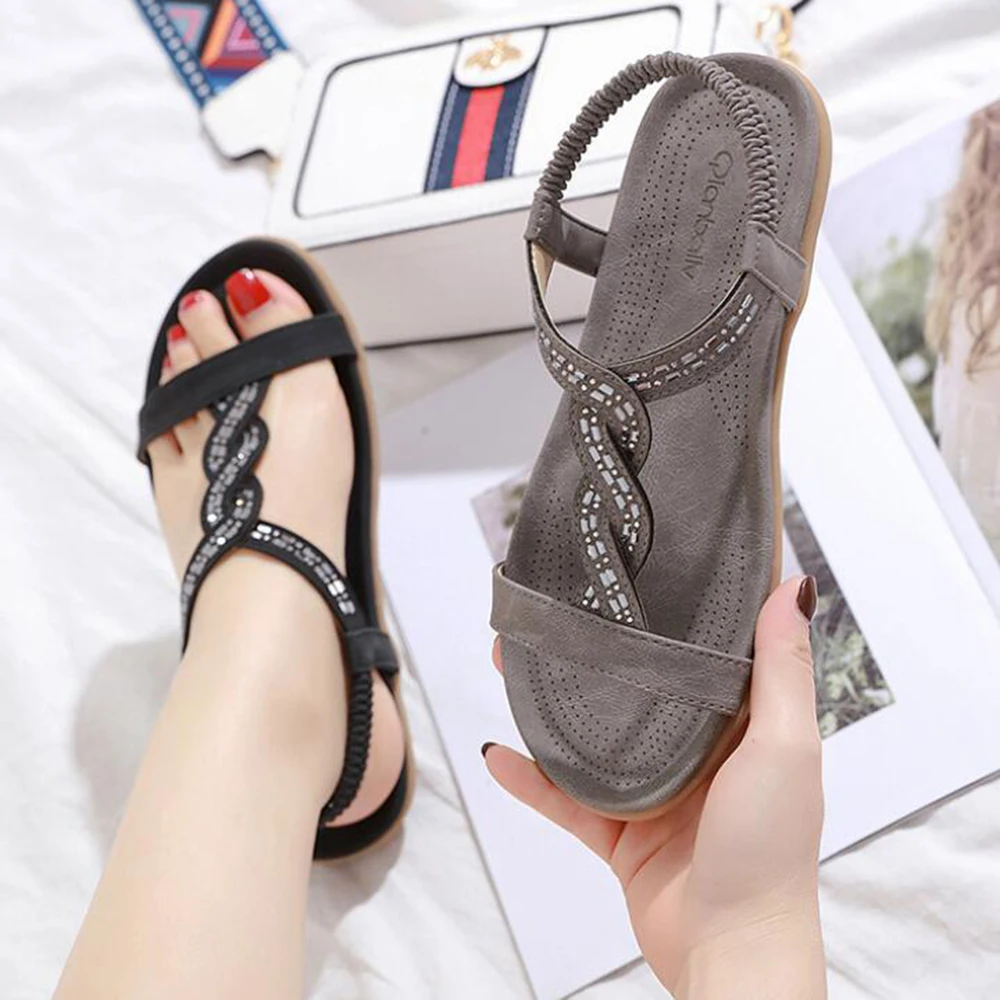 

new Bohemia Summer Ladies Crystal Flat Sandals Beach Casual Shoes Sexy Quality Outside Ladies Shoes sandalia feminina hy428