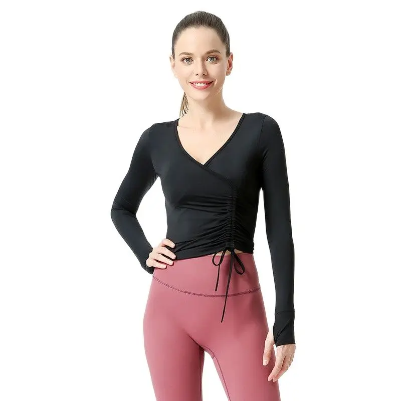 

Summer Thin Cool Women T-shirts Finger Sleeves Running Drawstring Sports Tops Training Shirts Gym Fitness Workout Sportswear