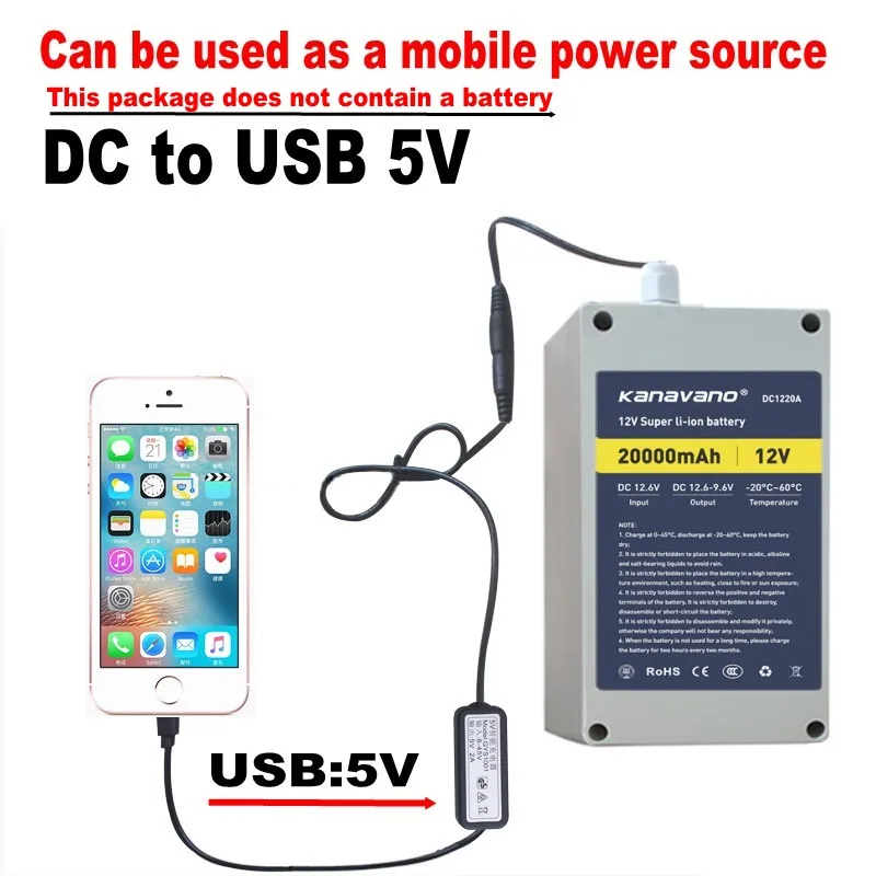 Only USB 5V cable 12V ионно-литиевая аккумуляторная батарея ультра-портативный 10ah 20ah 25AH литий-ионный 18650 с USB - Цвет: Only USB 5V cable