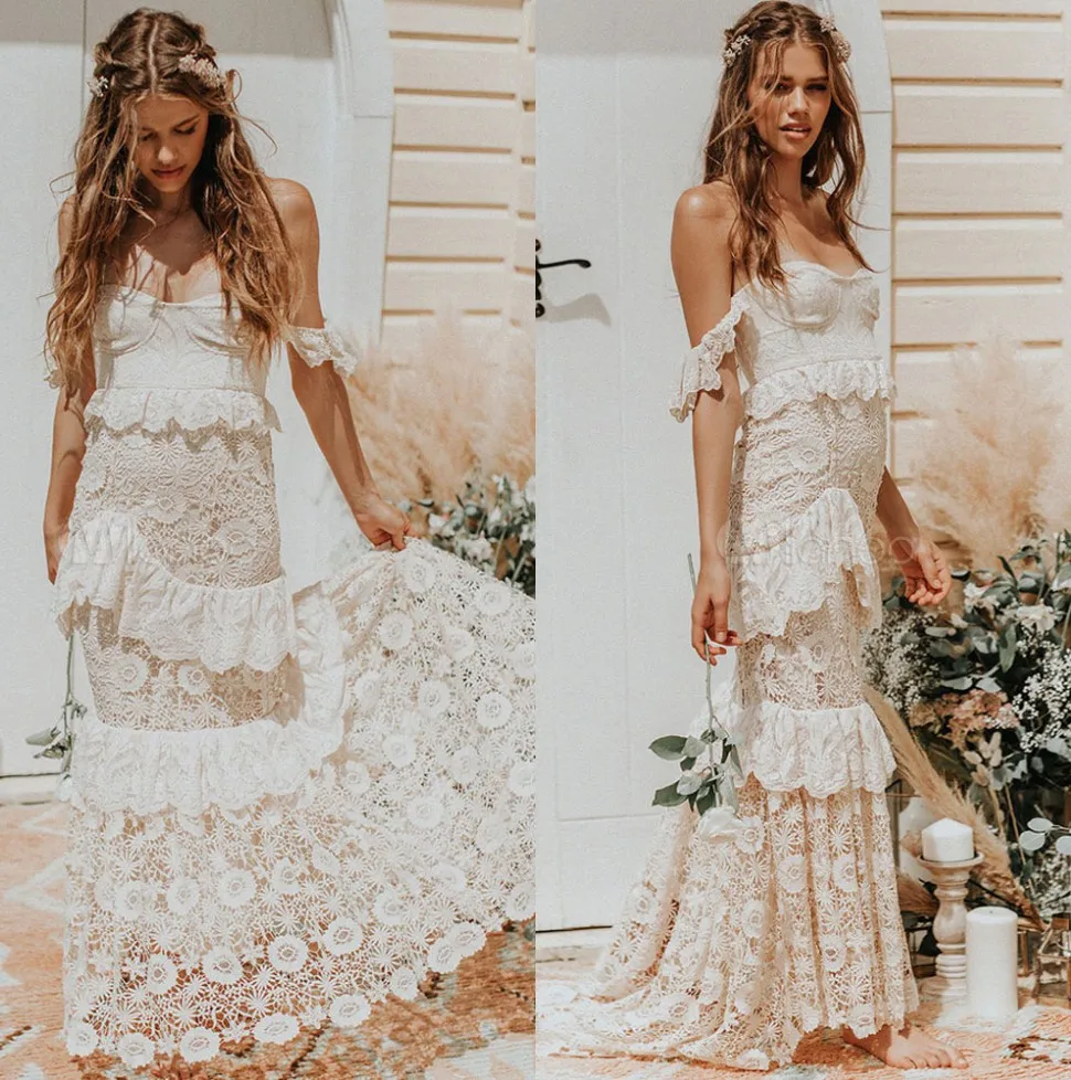 Винтажное свадебное платье UMK в стиле бохо кружевное вязаное крючком шикарное