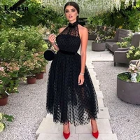 eeqasn black polka dotted tulle homecoming dresses halter ankle length graudation dress for junior short prom party gowns women
