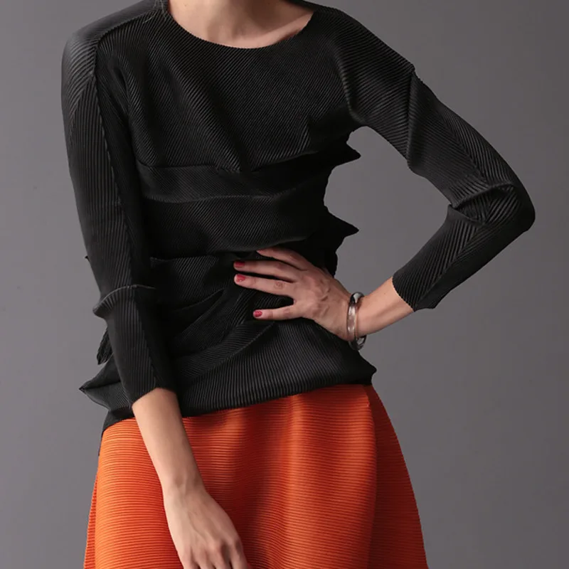 LANMREM Весна Лето Новая черная плиссированная футболка женская мода 2020 тонкая