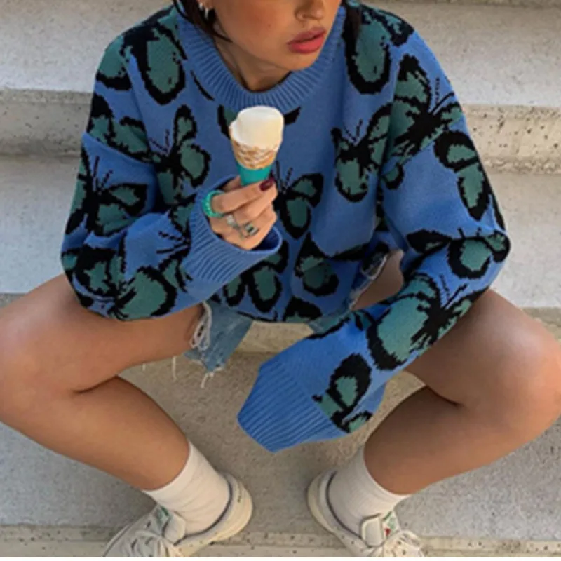 

Blue Butterfly Sweater Jumper Pullovers Women 2021 Sweater Knit Sweater Women Cute Sweater Aesthetic Sweater