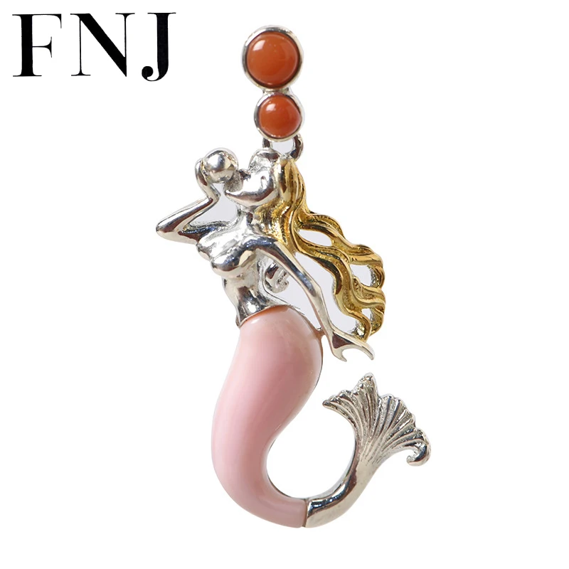 

FNJ 40cm Chain 925 Silver Fine Original S925 Silver Women Animal Fish Mermaid Pendant Necklaces for Jewelry Making Red Agate