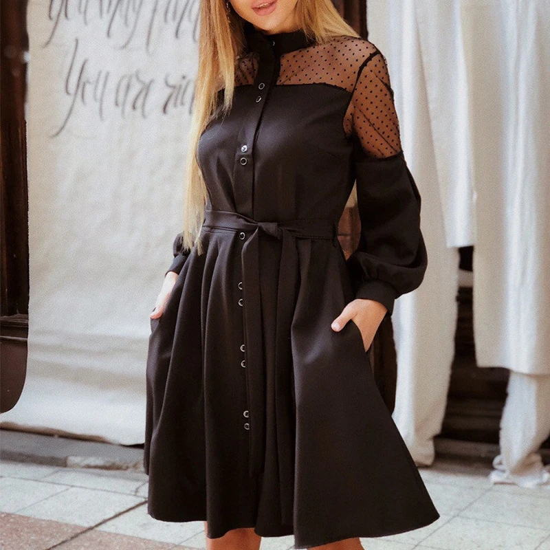 

Autumn Dress Women Sexy Lace Patchwork A-Line Lady Long Puff Sleeve Stand Collar Elegant Dress 2020 Fashion Solid Party Vestido