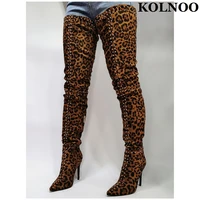 kolnoo new classic handmade womens high heel boots rivets spikes leopard over knee boots sexy eevning club fashion party shoes