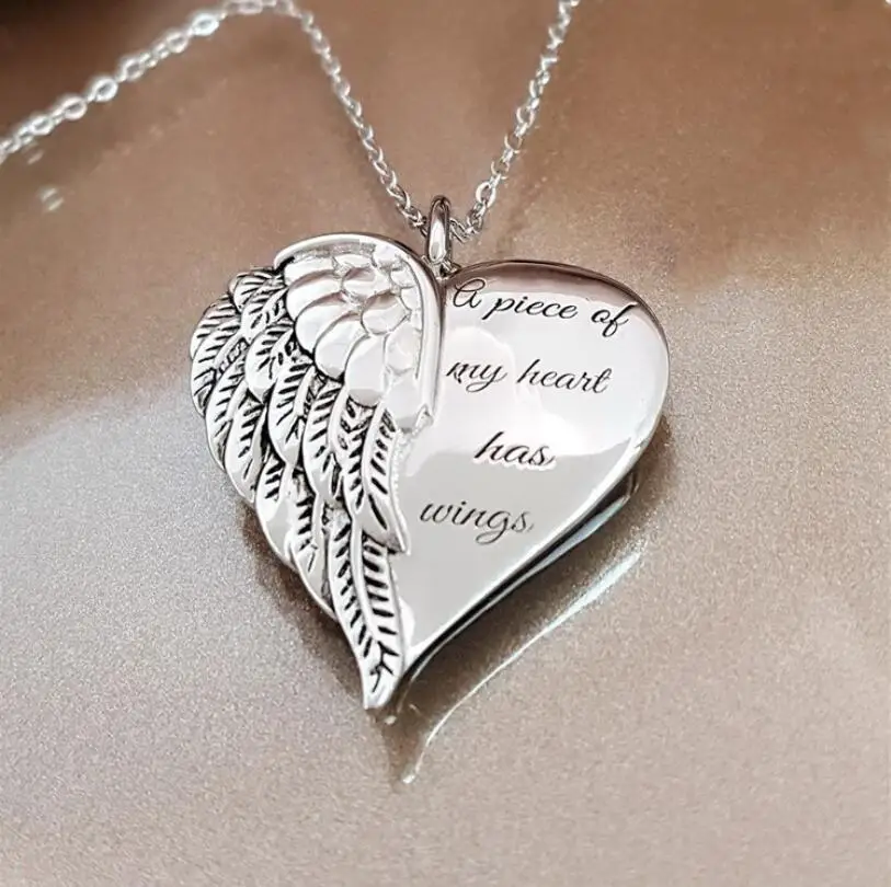 

Fashion Heart Shaped Angel Wings Lettering Women Necklace Romantic Valentine's Day Charm Jewelry Pendant Accessories Gift