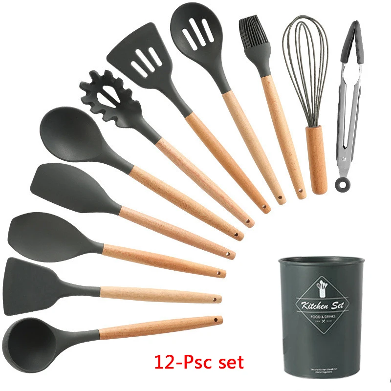 12-Pcs kitchen set Силиконовые набор для кухни 11/12/13 шт, кухонный набор,набор кухонных принадлежностей, антипригарным,деревянной с лопатки, ложка,половник,Кухня инструменты,кухонная утва,серый,кухонные принадлежности из силикона - Цвет: 12-Pcs kitchen set