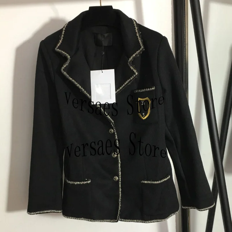 

2021 Luxury Design Women's new fashion retro college badge embroidered Lapel Long Sleeve Black versatile tweed slim suit coat
