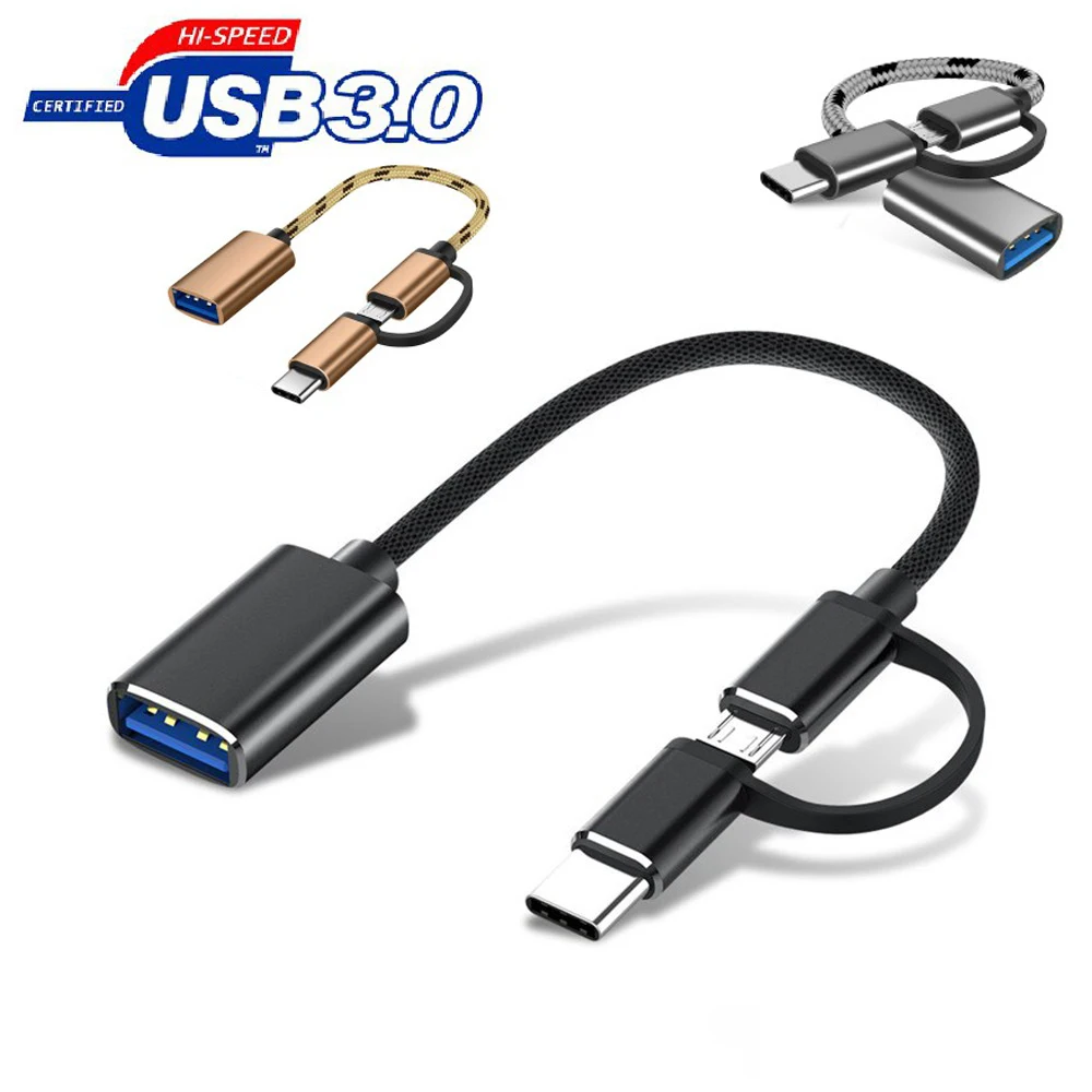 

2 в 1 кабель-адаптер OTG Type-C «папа» + Micro USB «папа» к USB 3,0 «мама» нейлоновый кабель передачи данных в оплетке для телефона планшета U Disk OTG
