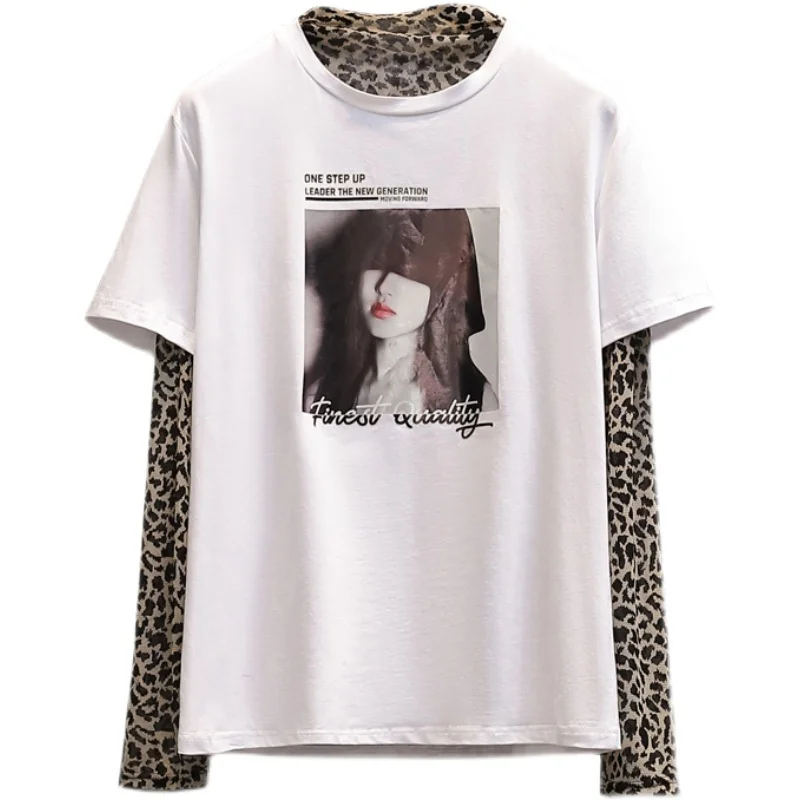 

New 2021 spring plus size tops for women large loose casual white cotton Tee + leapord mesh T-shirt XL 2XL 3XL 4XL