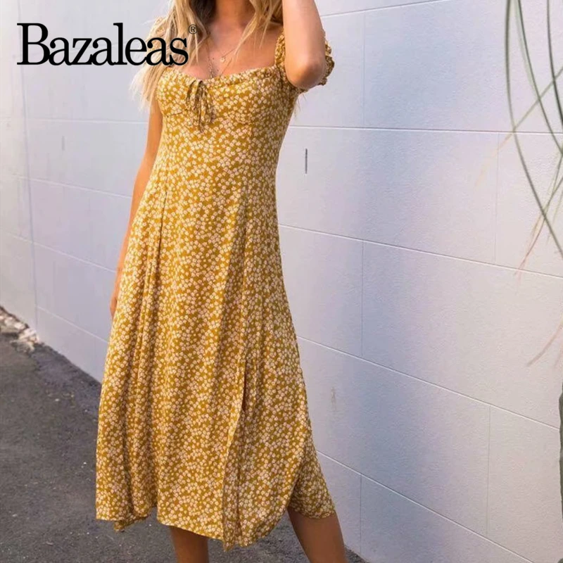 Bazaleas винтажное винно красное с цветочным принтом vestidos модное бантом миди платья