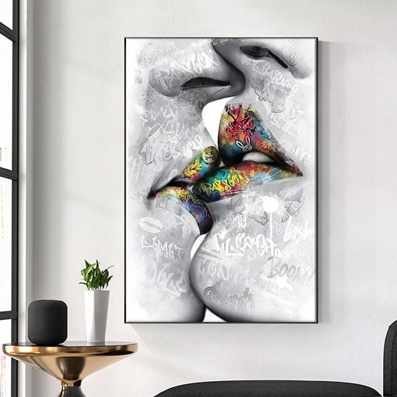 

Fashion Statue Street Graffiti Abstract Kiss Art Canvas Posters and Prints Wall Art Painting Decoration Living Room Cuadros