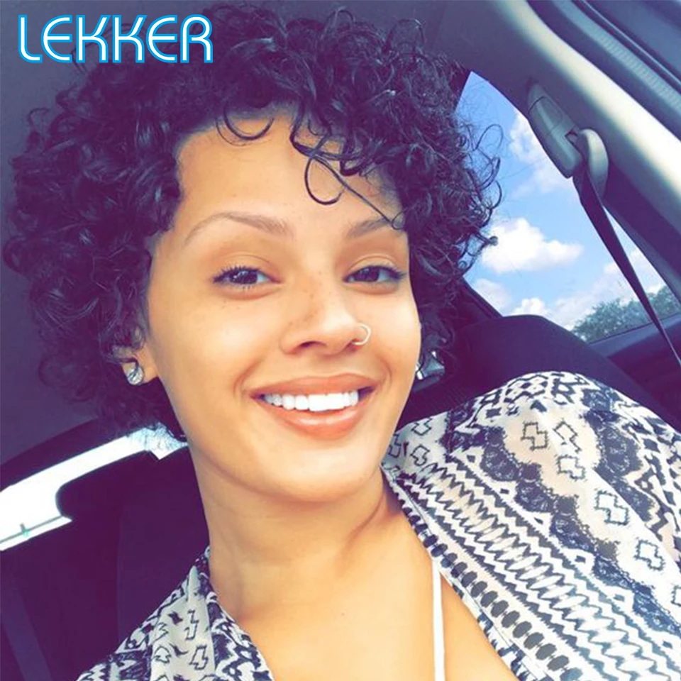 

Lekker Short Pixie Cut Bob Curly Human Hair Wig With Bang for Women Brazilian Remy Natural Dark Machine made Sassy Wavy Wigs