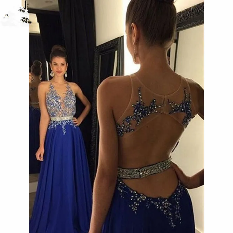 

2019 Illusion Backless Evening Dresses Prom Gown Long with Crystals Beaded Chiffon Vestido Longo Evening Party Dress for Women