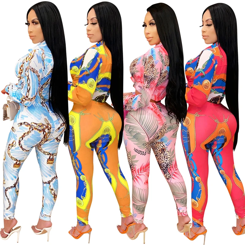 

F.O Fashion Print Women Two Piece Set Long Sleeve Shirt Top Pencil Pants Spring Summer Casual Suit Female Club Wear