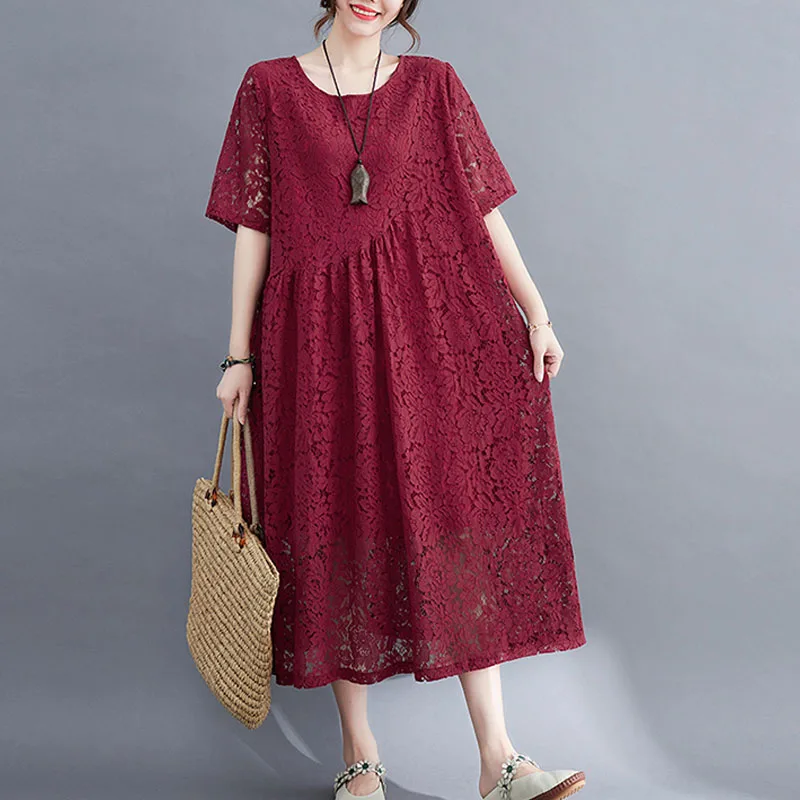 Цельнокроеное женское кружевное платье винтажное летнее свободное миди