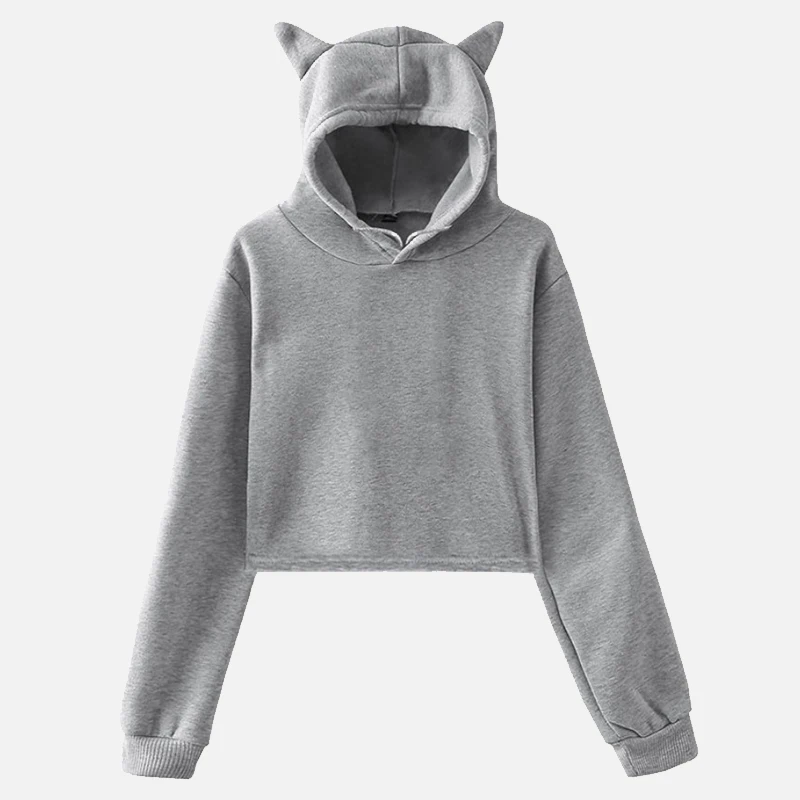 Gray Укороченная Женская толстовка с длинным рукавом с кошачьими ушками и капюшоном, осенняя короткая женская толстовка, Весенняя уличная одежда, милая Женская толстовка с капюшоном - Цвет: Gray