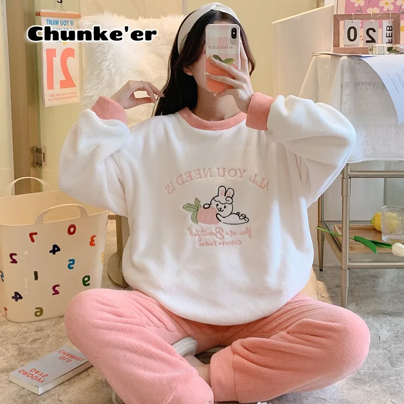 

Thickened pajamas women's flannel home clothes set autumn and winter warm long sleeve sweet Pullover cartoon cute student