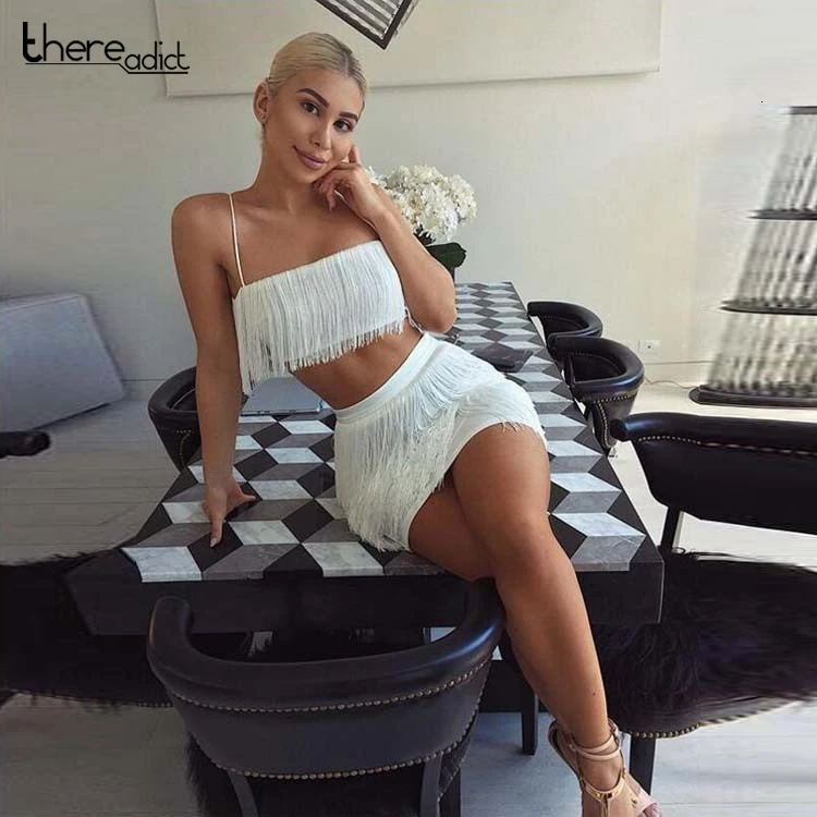 Новинка 2019 комплект из двух предметов с кисточками и открытой спиной топ юбка