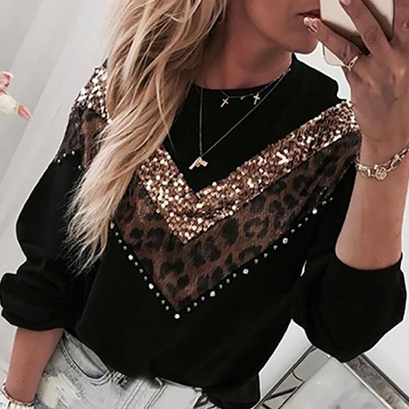 Leopard Sequins Colorblock Insert Casual sweatshirt women casual loose neck oversized hoodies Autumn pullover streetwear